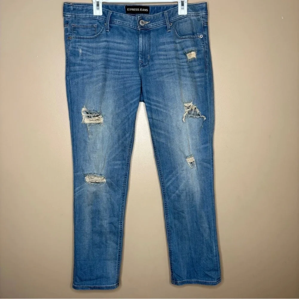 Express Jeans Womens 12R Cropped Skinny Low Rise Distressed Medium Wash Denim
